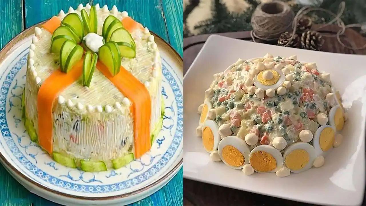 مدل سالاد الویه جدید + ایده های خلاقانه و بسیار زیبا برای تزیین سالاد الویه با خیارشور و گوجه