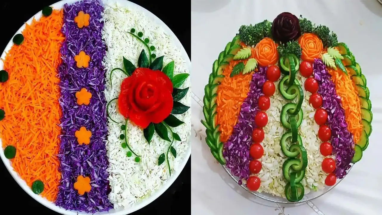 تزیین سالاد + ایده های ساده و حرفه ای برای تزیین کردن سالاد با استفاده از خیار ، گوجه و زیتون