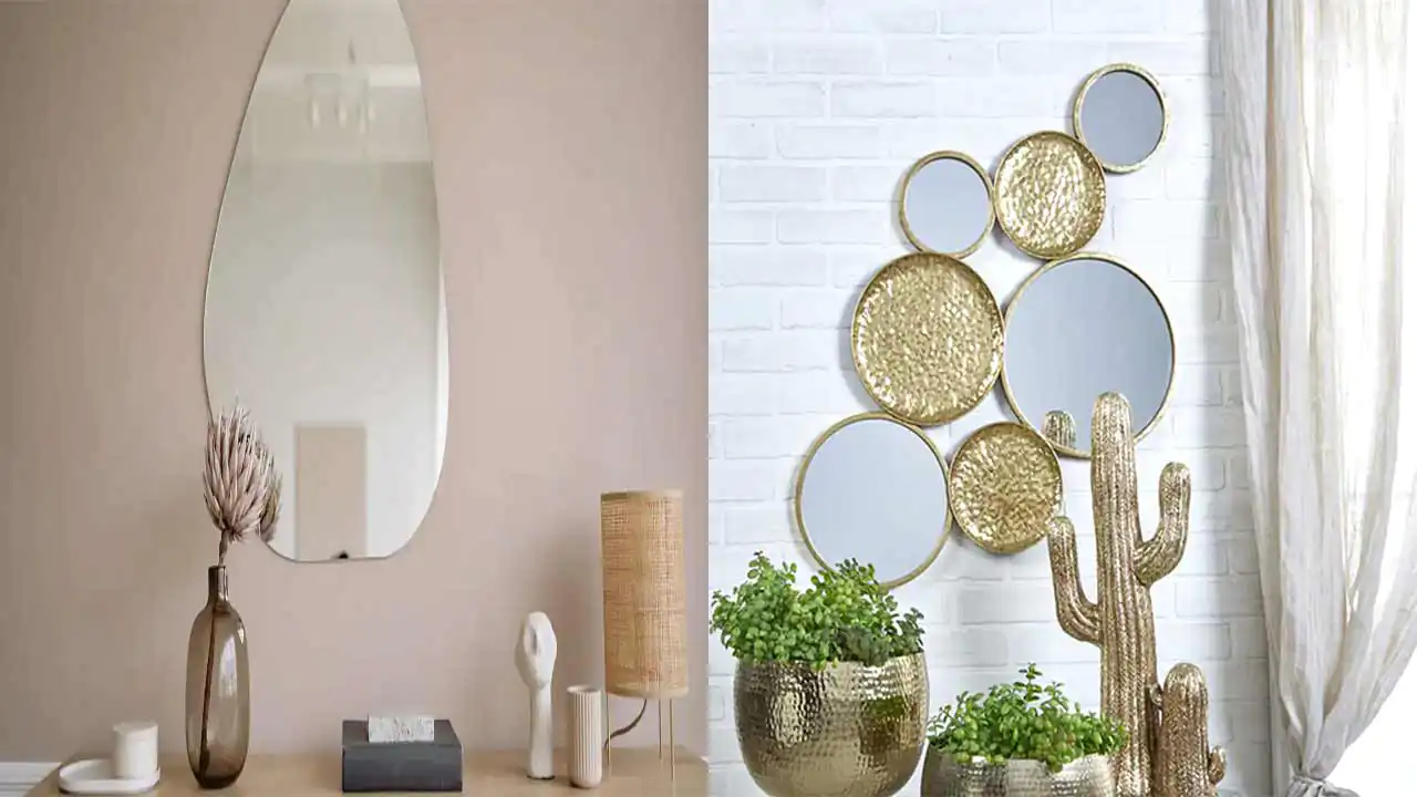 مدل اینه تزیینی روی دیوار برای بازتاب نور و بزرگتر نشان دادن فضای پذیرایی