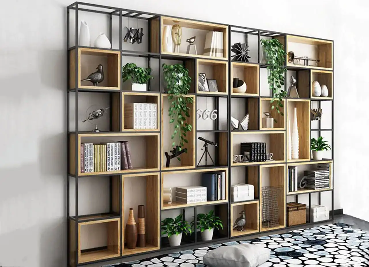 مدل کتابخانه داخل پذیرایی با رنگبندی و طراحی های مدرن و متفاوت که ترند شدن